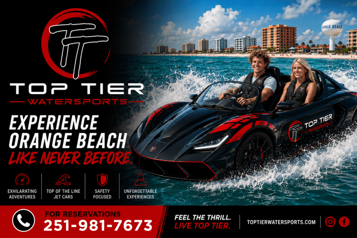 Couple driving a sporty watercraft car on the ocean near Orange Beach.